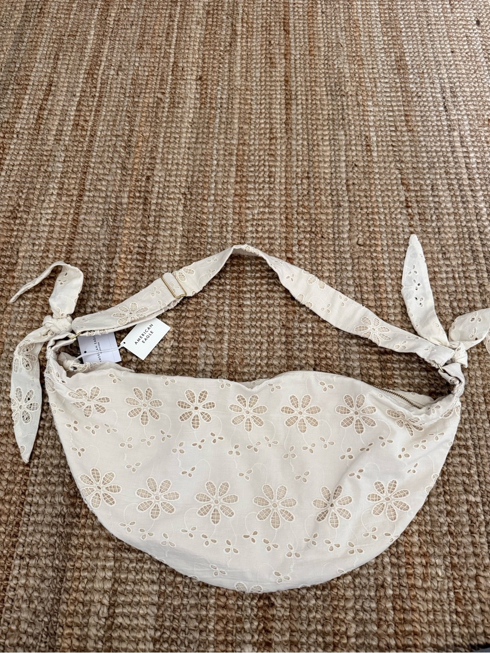 American Eagle Outfitters Cream Eyelet Crescent Crossbody Bag